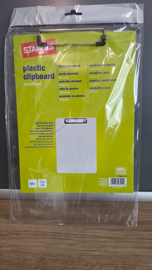 3x Staples TRANSLUCENT Clipboard A4+ Plastic Clip Board Clear Office School trio
