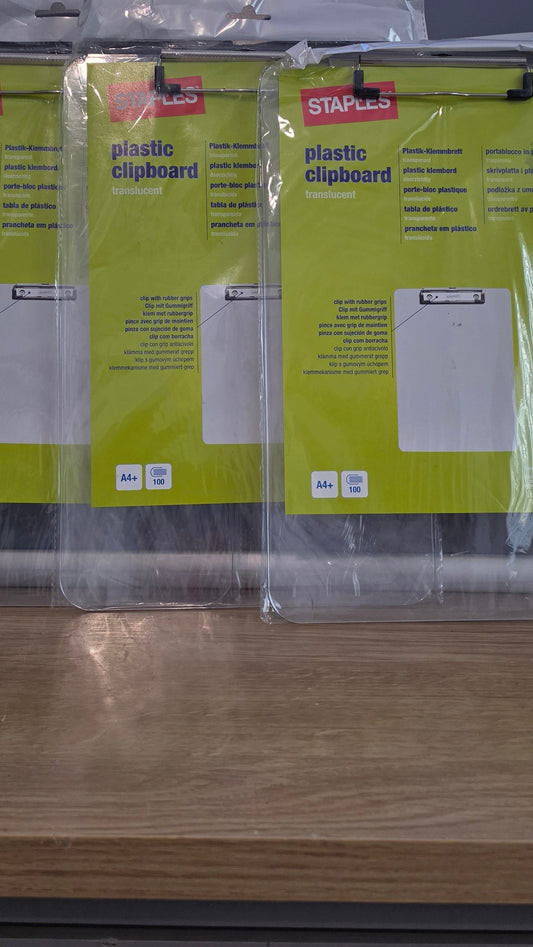 3x Staples TRANSLUCENT Clipboard A4+ Plastic Clip Board Clear Office School trio